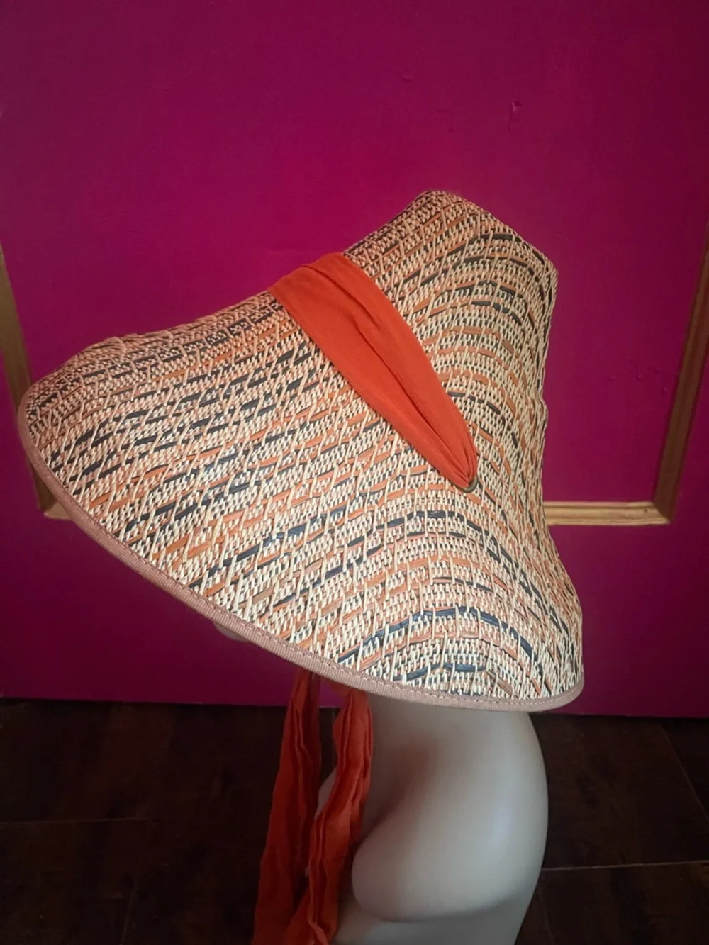 Vintage 1950’s Straw Sun Hat with Orange chiffon ribbon and Cherry Accent